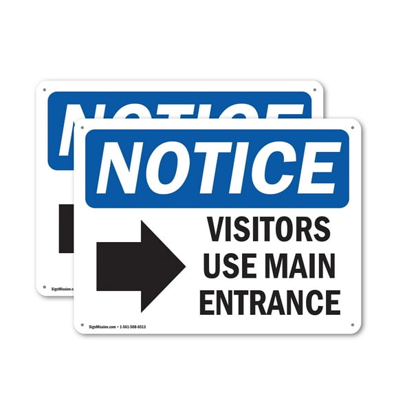 (2 Pack) Visitors Use Main Entrance [Right OSHA Notice Sign 14 Inch X 10 Inch Indoor / Outdoor Rust-Free Aluminum Metal Signs for Workplace, Workshop, and Construction Site, Made in the