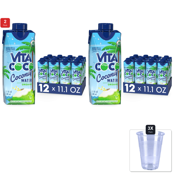 2 Pack | Vita Coco Coconut Water, Pure Organic | Refreshing Coconut Taste | Natural Electrolytes | Vital Nutrients | 11.1 Oz (Pack Of 12) & 3x Disposable Cup