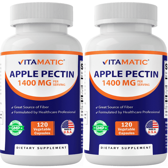 2 Pack Vitamatic Apple Pectin 1400 mg per 2 Capsules - 120 Vegetarian Capsules - Dietary Fiber - Promotes Healthy Intestinal Health*