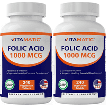 2 Pack - Vitamatic Folic Acid 1000 mcg (1 mg) - 240 Vegetarian Tablets - 1667 mcg DFE - Vitamin B9 (Total 480 Tablets)