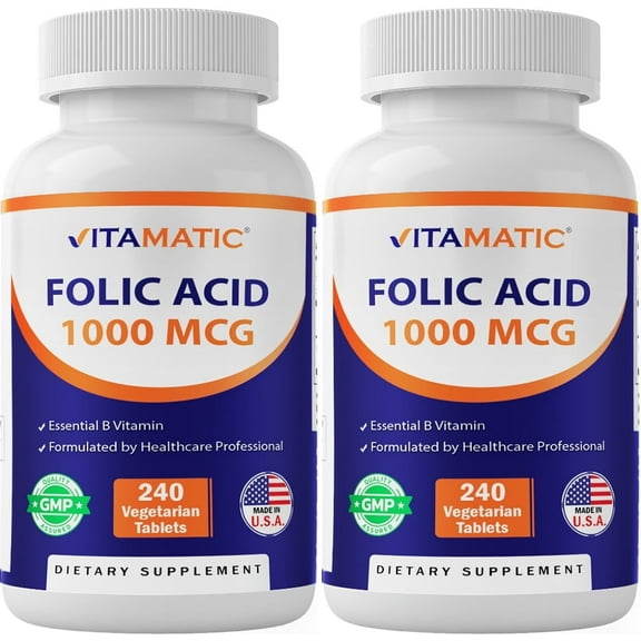 2 Pack - Vitamatic Folic Acid 1000 mcg (1 mg) - 240 Vegetarian Tablets - 1667 mcg DFE - Vitamin B9 (Total 480 Tablets)