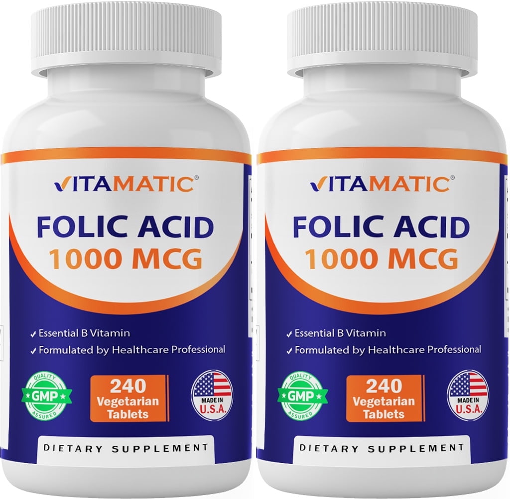 2 Pack - Vitamatic Folic Acid 1000 mcg (1 mg) - 240 Vegetarian Tablets - 1667 mcg DFE - Vitamin B9 (Total 480 Tablets)