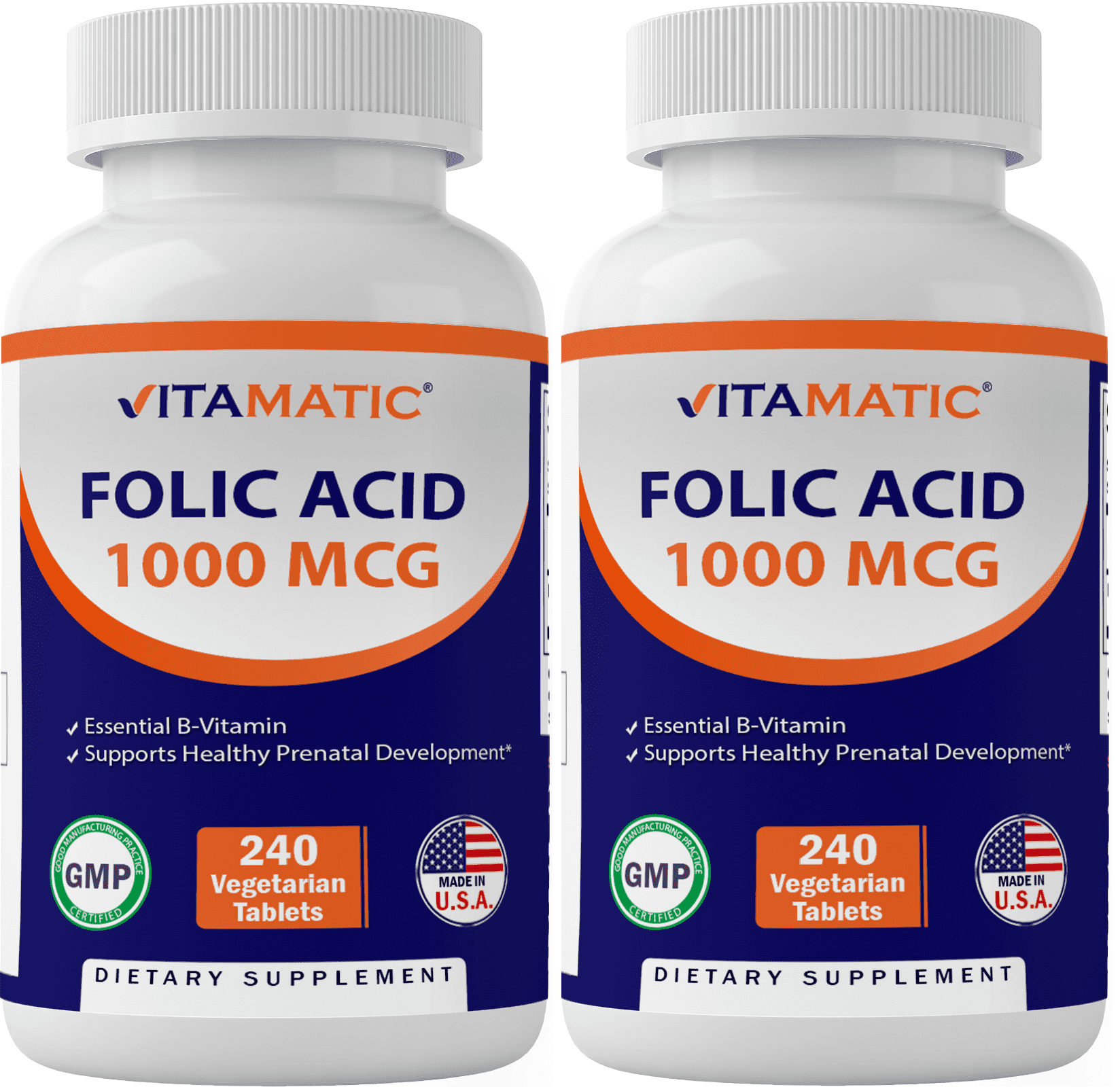 2 Pack - Vitamatic Folic Acid 1000 mcg (1 mg) - 240 Vegetarian Tablets - 1667 mcg DFE - Vitamin B9 (Total 480 Tablets)