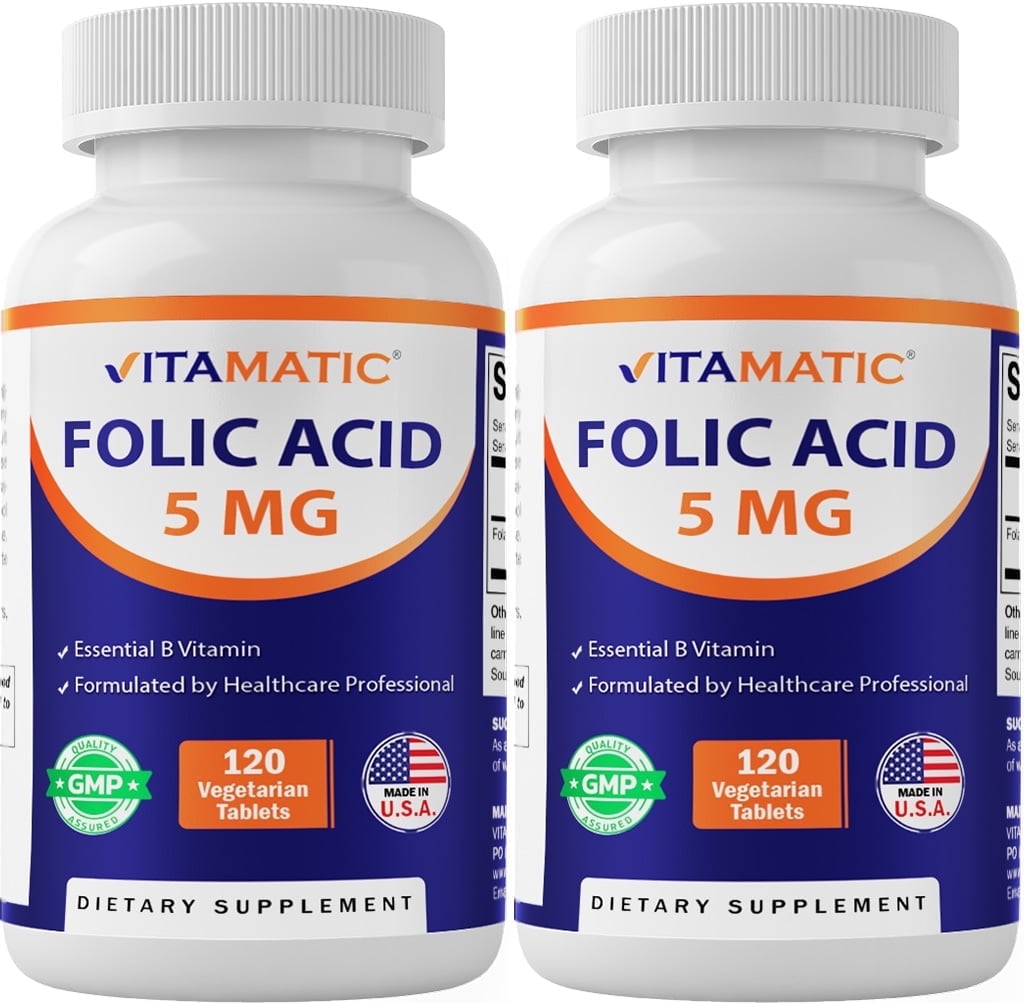 2 Pack - Vitamatic Folic Acid 5mg (5000 mcg) - 120 Vegetarian Tablets - (Vitamin B9 Folate) (Total 240 Tablets)