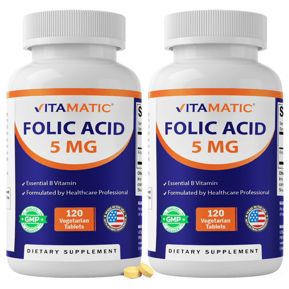 2 Pack - Vitamatic Folic Acid 5mg (5000 mcg) - 120 Vegetarian Tablets - (Vitamin B9 Folate) (Total 240 Tablets)