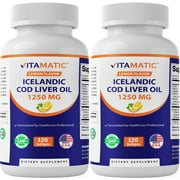 2 Pack - Vitamatic Icelandic Cod Liver Oil 1250mg 120 Softgels (Lemon Flavor) - Promotes Cardiovascular Health total 240 Softgels