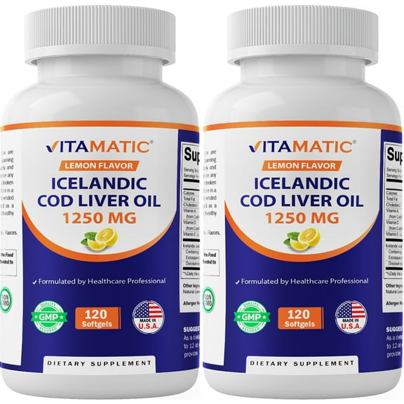 2 Pack - Vitamatic Icelandic Cod Liver Oil 1250mg 120 Softgels (Lemon Flavor) - Promotes Cardiovascular Health total 240 Softgels