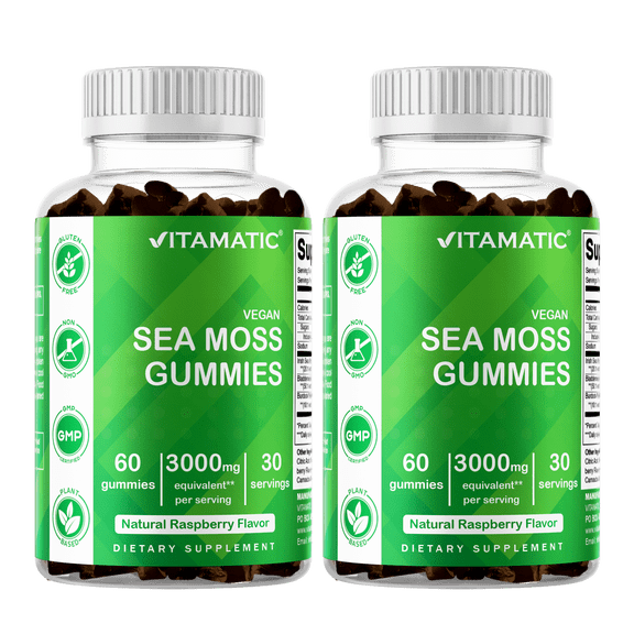 2 Pack Vitamatic Irish Sea Moss Gummies - 3000 mg - 60 Vegan Gummies - Made with Bladderwrack & Burdock Root - Seamoss Supplement for Thyroid, Energy, Immune Support