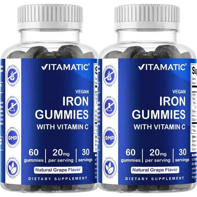 Vitamatic Iron Gummies 2 Pack 20mg Adult Supplement, Vegan, Grape