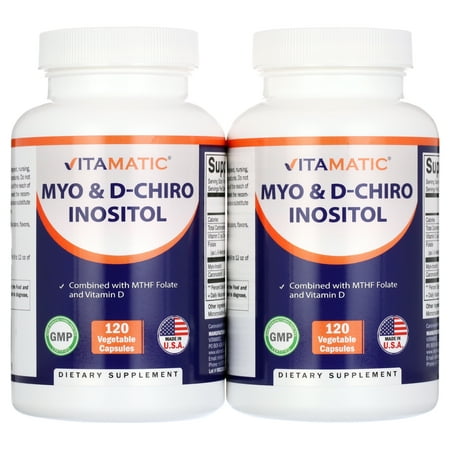 2 Pack Vitamatic Myo-Inositol and D-Chiro Inositol Plus Folate and Vitamin D, 2000mg 120 Capsules