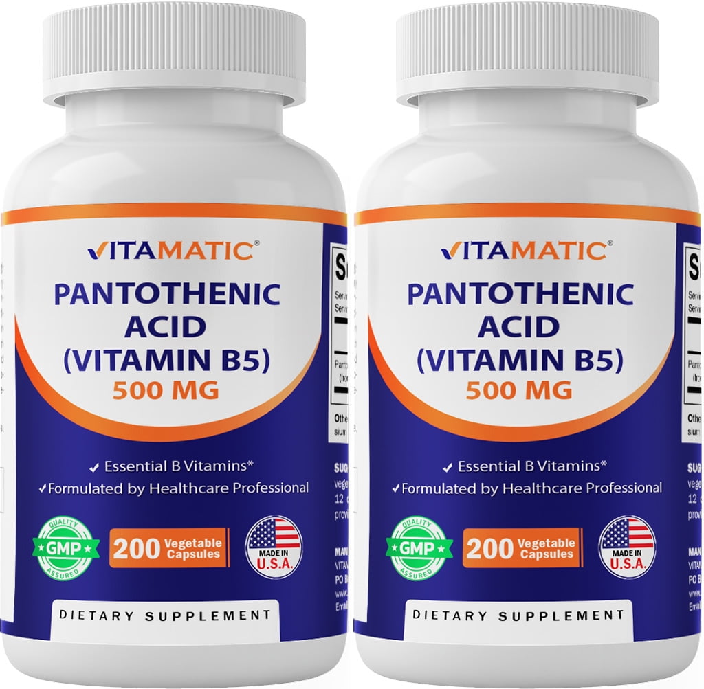 2 Pack Vitamatic Pantothenic Acid (Vitamin B5) 500mg, 200 Capsules - For Hair, Skin, Nails & Digestive Support
