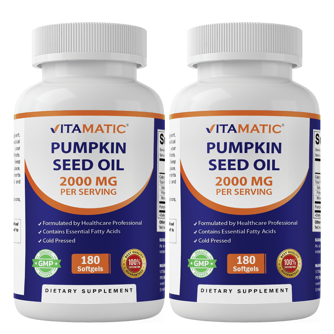 2 Pack - Vitamatic Pumpkin Seed Oil 2000mg Softgel Capsules per serving - 180 Softgels - (1000 mg per Softgels) (Total 360 softgels)