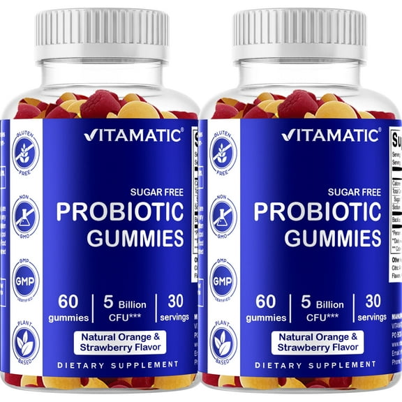 2 Pack Vitamatic Sugar Free Probiotic Gummies for Men and Women 5 Billion CFUs - Digestive, Immune & Gut Health - Gluten Free