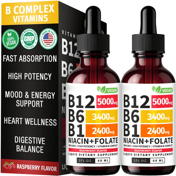 (2 Pack) Vitamin B12 and B6 Liquid Drops, B12 Sublingual Vitamin B Complex - B 12 Vitamin 5000mcg - B12 Methylcobalamin for Energy, Brain, and Heart Support with 27,200 mcg, Raspberry, 80 Servings