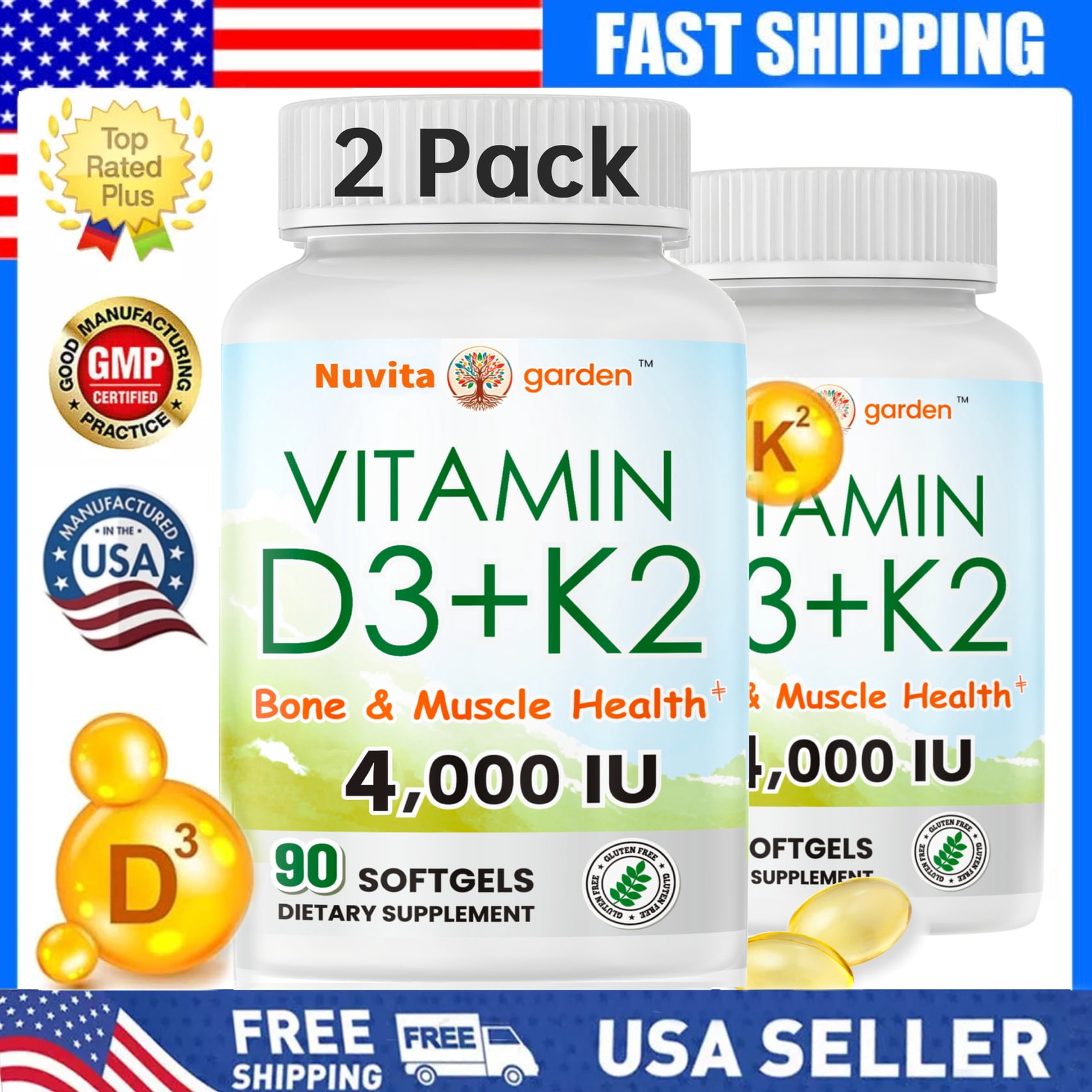 2 Pack Vitamin D3 K2 4,000 IU + K2 (MK-7) 200mcg, Superior Absorption for Bone & Muscle Health, Made in USA
