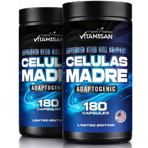2-Pack - Vitamisan Stem Cell Support Celulas Madre Adaptogenic Lions Mane, Beta Glucans, AFA, Spirulina Brain & Immune Health 2 Bottles x 180 Capsules Made in USA, Non-GMO