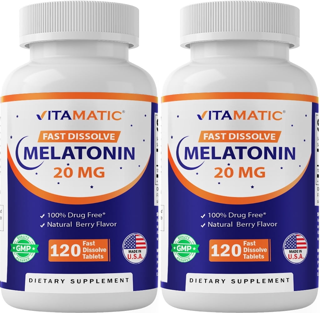 2 Pack - Vitamtic Melatonin 20 mg Fast Dissolve 120 Tablets | Nighttime Sleep Aid | Natural Berry Flavor | Vegetarian, Non-GMO, Gluten Free (Total 240 Tablets) 20mg