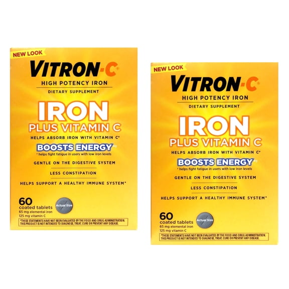 Vitron-C High Potency Iron and Vitamin C Tablets Once a Day 65mg 60 Count Each - 2 Pack