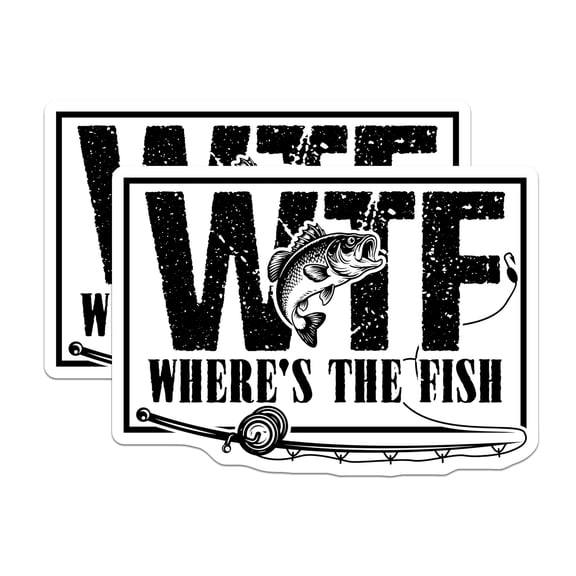 (2 Pack) WTF Where's The Fish Stickers - Fishing Humor Decals - Angler Gift- 5" On Longest Side - Sticks to Smooth Flat Surfaces - Made in USA - BMCS16972