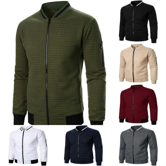 2 Pack Waffleknit Jackets for Men with Pockets Long Sleeve Zip Up Coats Mens Casual Solid Color Mock Neck Slim Athletic Workout Outerwear Jacket