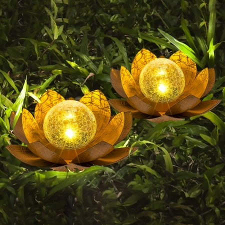 Waitmin Solar LED Waterproof Garden Lotus Lights, Crackle Glass Flower for Patio, Lawn, Walkway Decor 2-Pack