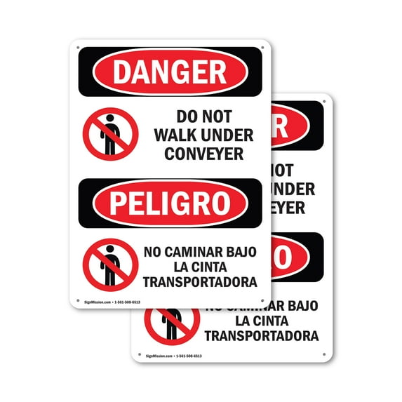 (2 Pack) Do Not Walk Under Conveyor Bilingual OSHA Danger Sign 18 Inch X 24 Inch Indoor / Outdoor Rust-Free Aluminum Metal Signs for Workplace, Workshop, and Construction Site, Made in