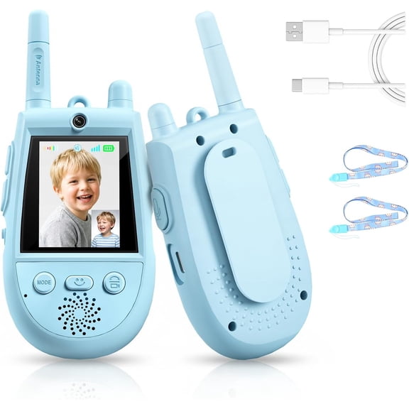 2 Pack Walkie Talkies for Kids, Rechargeable Kids Video Walkie Talkies with Camera & Voice Changer, Long Range Video Chat Toy for Age 3-12, Indoor, Outdoor Play Camping Hiking Games(Blue/Blue)