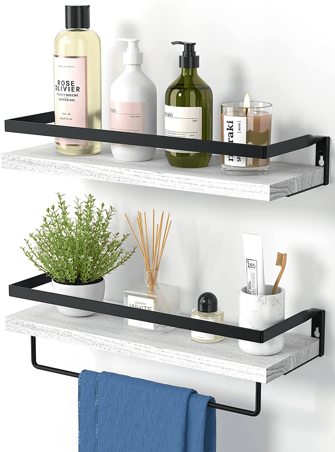 2 Pack Wall Decor Wood Rustic Floating Shelves, Storage Shelves with Towel Bar for Bathroom, Kitchen, Bedroom, Living Room