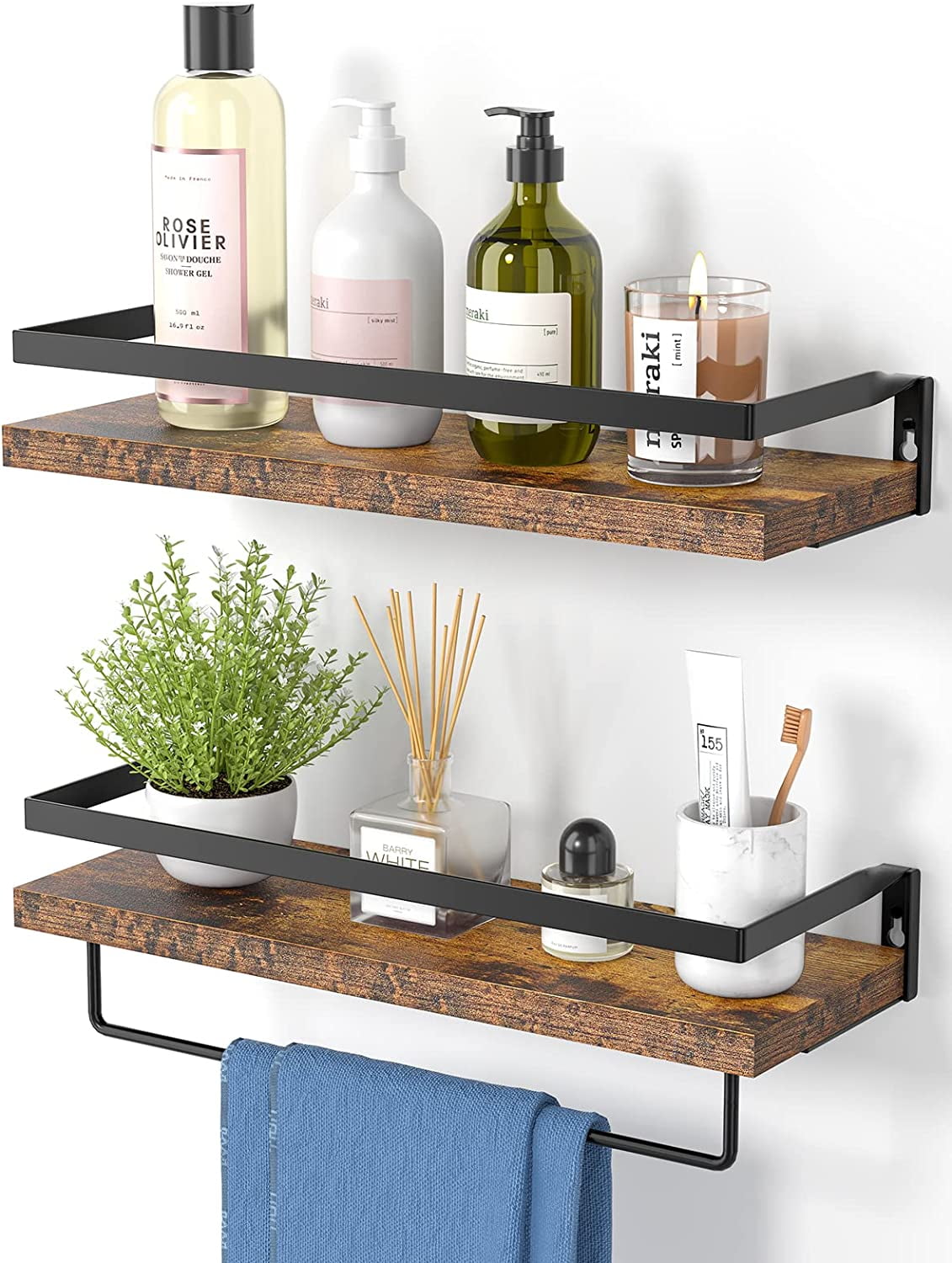 1pc Wall Mounted Floating Shelves, Rustic Wood Bathroom Shelves With Toilet  Paper Storage Basket And Towel Bar, Farmhouse Floating Shelf For Wall Deco