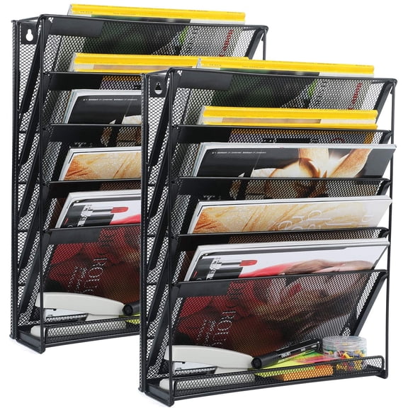 2 Pack Wall File Organizer, 6-Tier Wall Mount Paper Holder Vertical File Rack for Office Home, Black.