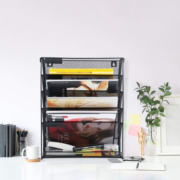 2 Pack Wall File Organizer, 6-Tier Wall Mount Paper Holder Vertical File Rack for Office Home, Black.
