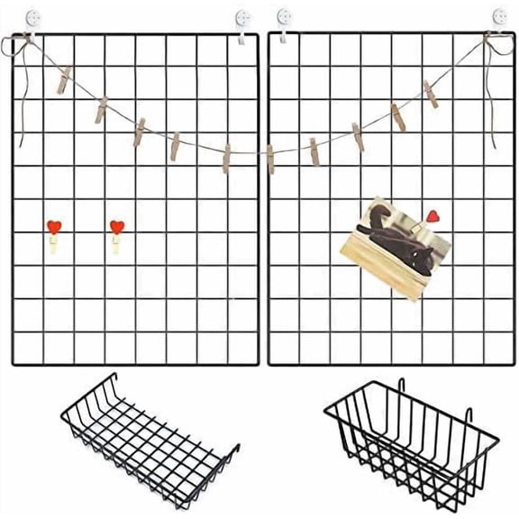 2 Pack Wall Grid Panels with Baskets Photo Display Wire Wall Organizer for Hanging Memo, Picture