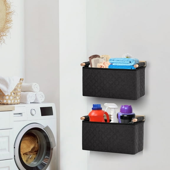 2 Pack Wall Hanging Storage Bag Organizing Toilet Paper, Wall Mounted Laundry Hamper, Small Black Cotton Basket
