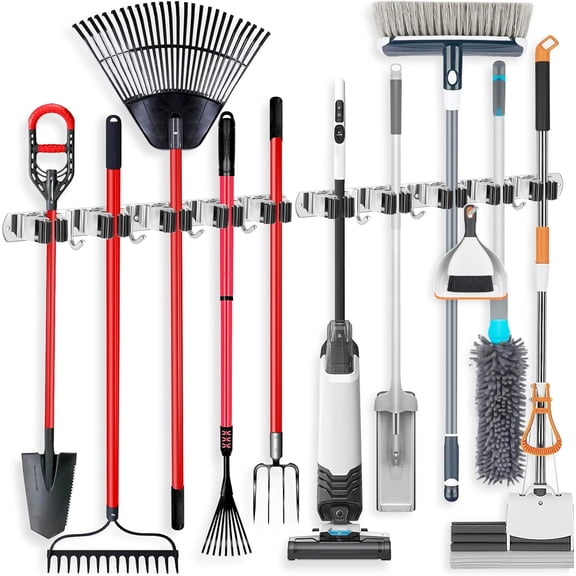 2 Pack Wall Mount Broom Holder Stainless Steel 5 Racks with 4 Hooks Broom Organizer Self Adhesive Heavy Duty Laundry Room, Garage Organization Storage