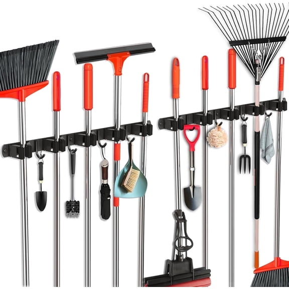 SUPTEMPO 2 Pack Wall Mount Broom Holder Stainless Steel 5 Racks with 4 Hooks Broom Organizer Self Adhesive Heavy Duty Laundry Room, Garage Organization Storage