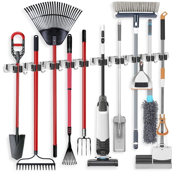 2 Pack Wall Mount Broom Holder, Stainless Steel Tool Organizer with 5 Racks & 4 Hooks, Heavy Duty Garage Storage System for Mop, Rake, Shovel, Garden Tools, Laundry Room, Kitchen