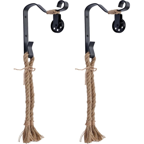 2 Pack Wall Mount Pulley Bracket with Bohemian Rope, Black Metal Farmhouse Industrial Hanging Light Fixture for Pendant Lamp, DIY Home Decor