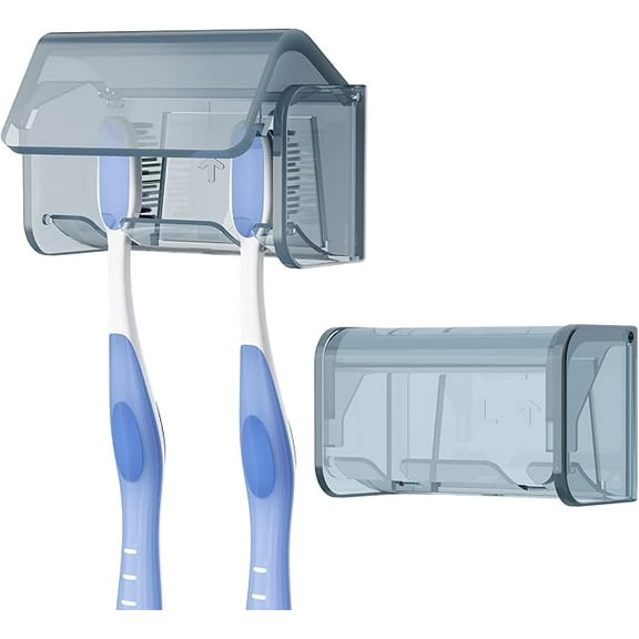 2 Pack Wall Mount Toothbrush Holder with Cover for Bathroom, Shower, Self Adhesive Wallmount 2 Slots Tooth Brush Hanger (Grey)