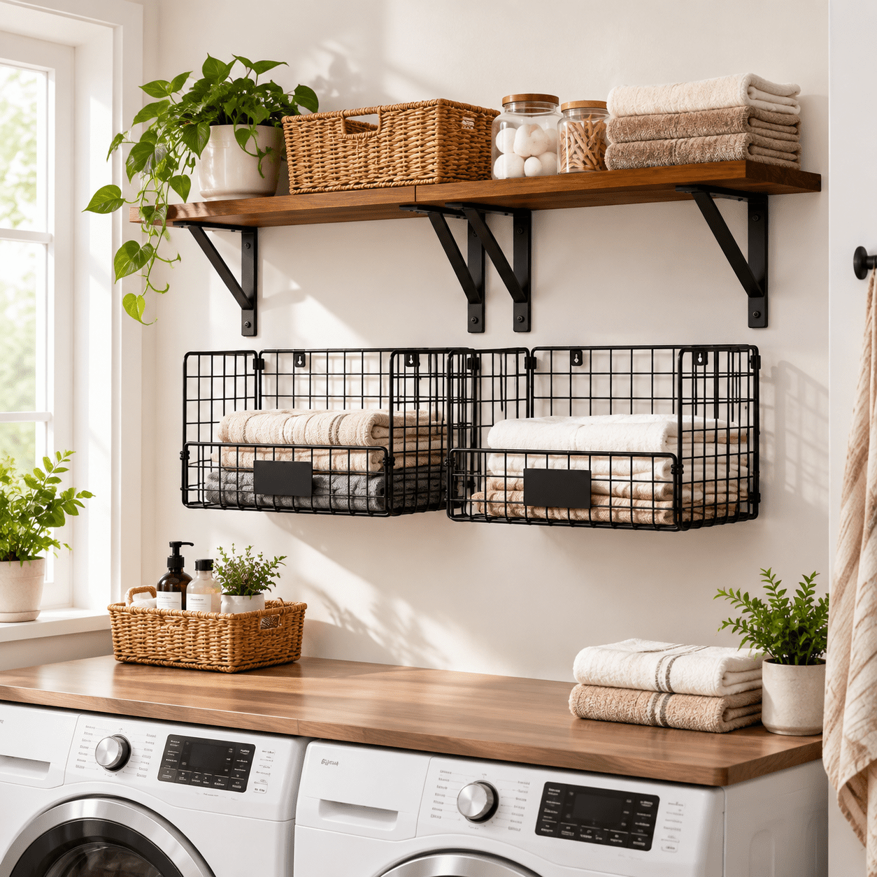 2 Pack Wall Mounted Floating Laundry Room Shelves with Wire Baskets ...
