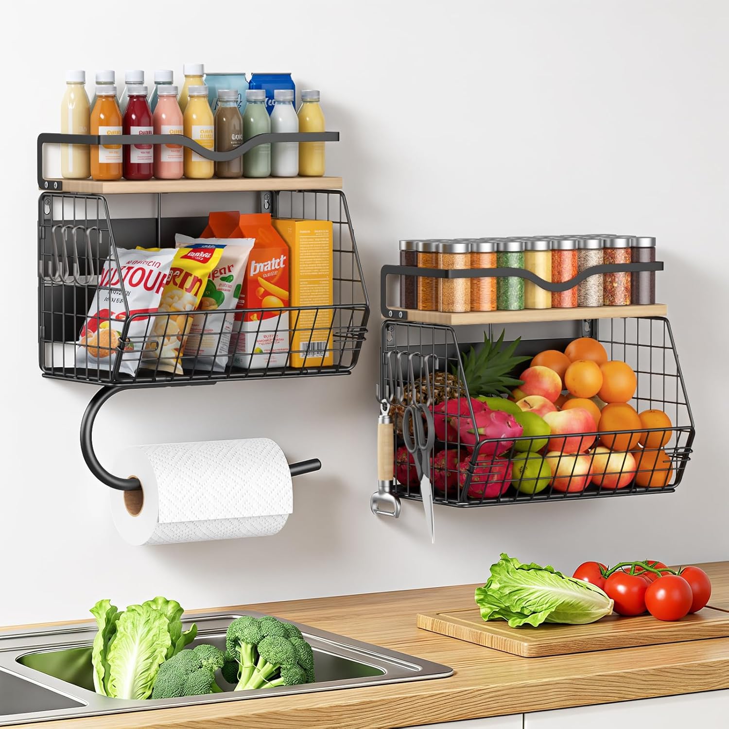 2 Pack Wall Mounted Fruit Basket with Wood Lid Hanging Kitchen Storage ...