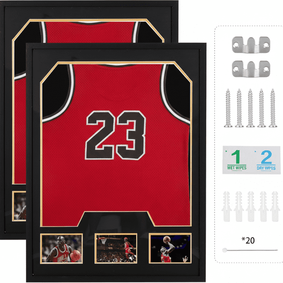 2 Pack Wall Mounted Jersey Frame Display Case with Picture Slots, 98% UV Protection Jersey Shadow Box Display Case for Football, Basketball, Soccer, Baseball & All Sports Collectibles