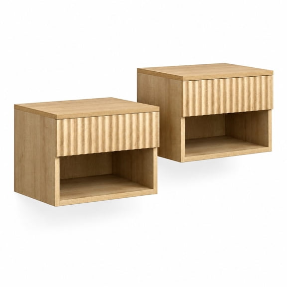 2-Pack Wall Mounted Nightstand with Drawer & Open Shelf, Compact Fluted Floating Bedside Table, Natural Oak