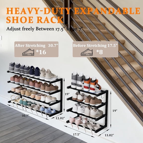 2 Pack Wall Mounted Shoe Rack, 4 Tier Hanging Shoe Rack Holds 32 Pairs, 17"-30"Adjustable Heavy Duty Wall Shoe Shelf with 4 Storage Hooks, Space Saving for Closet Entryway, Black, Patent Pending