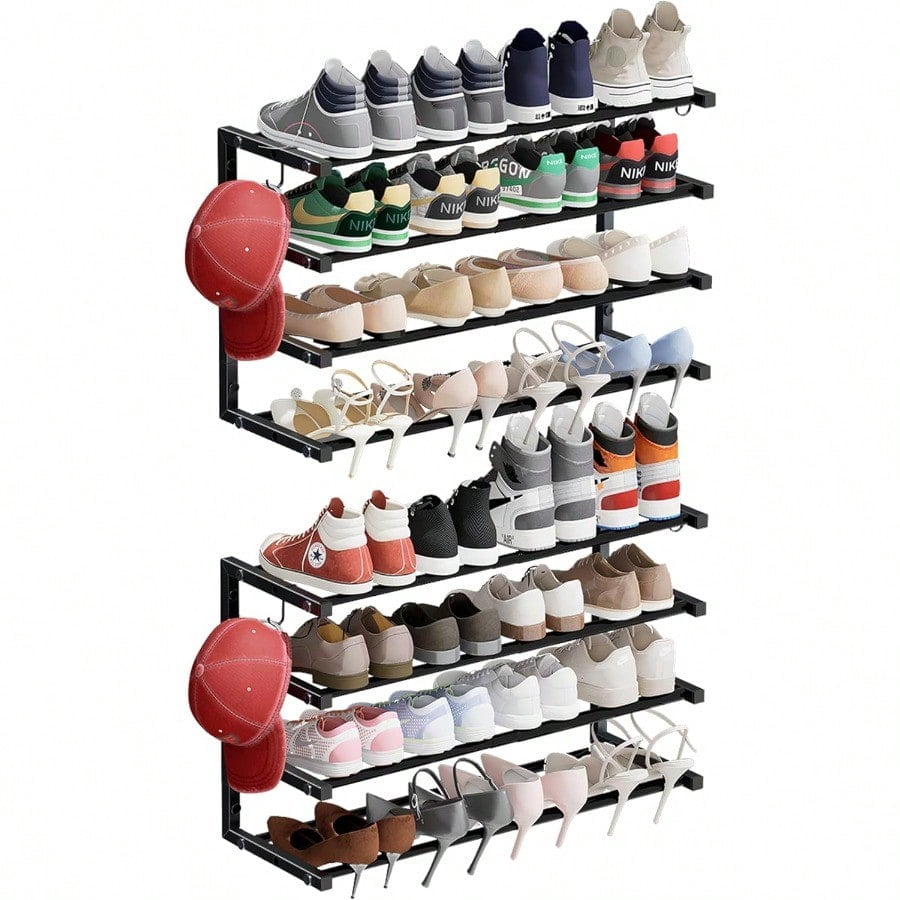 2 Pack Wall Mounted Shoe Rack 4 Tier Hanging Shoe Rack Holds 32 Pairs 17-30Adjustable Heavy Duty Wall Shoe Shelf with 4 Storage Hooks Space Saving for Closet Entryway Black Patent Pending