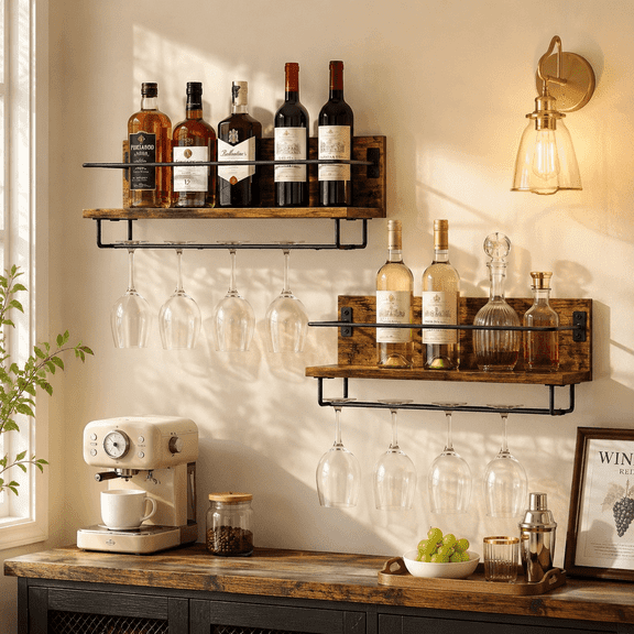 2 Pack Wall Mounted Wine Rack , Wine Glass Bottle Rack Stemware Holder, Rustic Brown Floating Shelves for Living Room, Bar & Dining Room