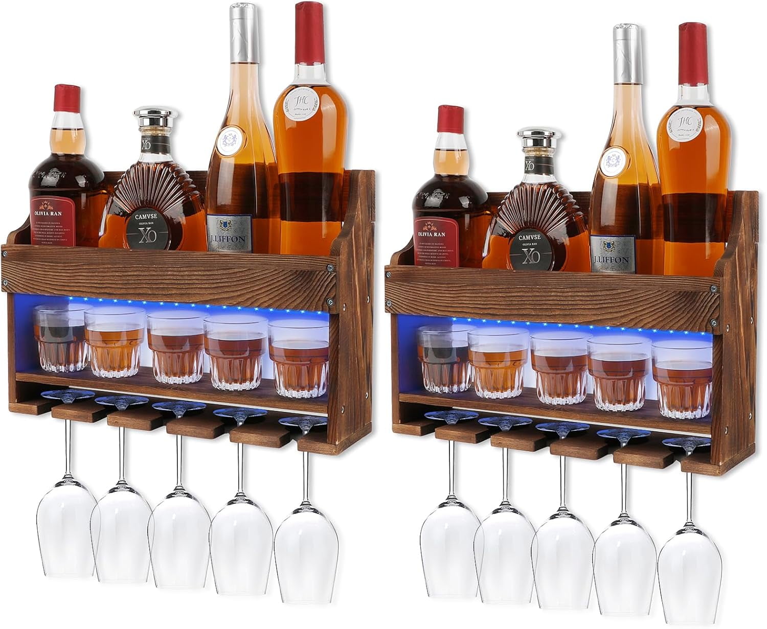 2 Pack Wall Mounted Wine Rack, Wood LED Wine Glass Rack, Bar Shelves ...