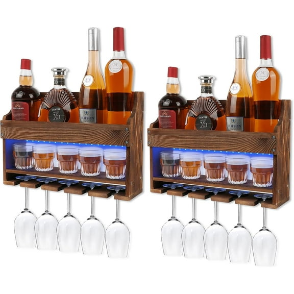 2 Pack Wall Mounted Wine Rack, Wood LED Wine Glass Rack, Bar Shelves, Wine Glass Holder Wall Mounted, Floating Bar Shelves for Kitchen, Dining Room, Home, Bar