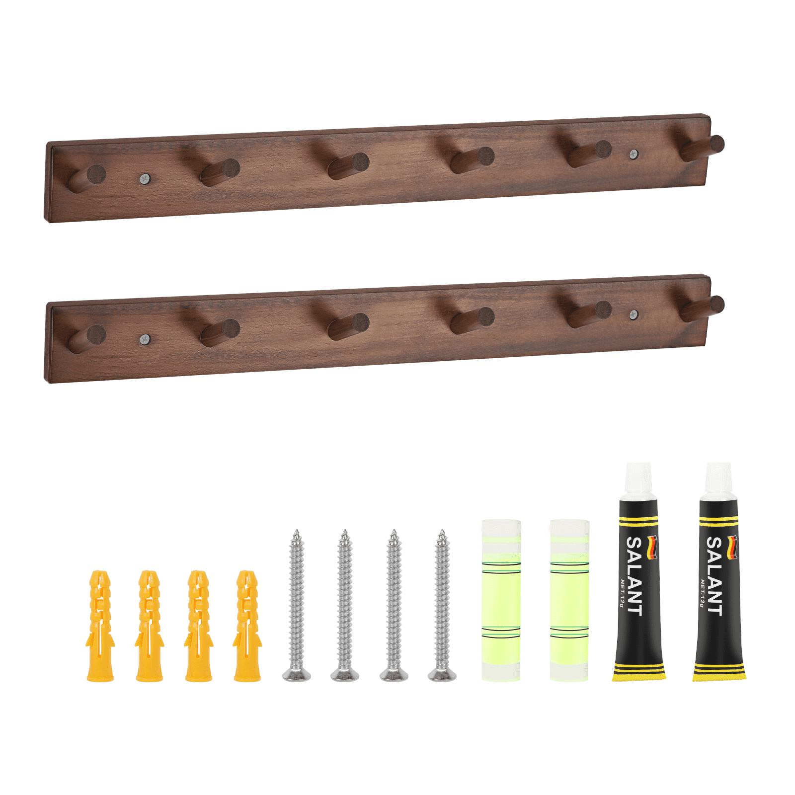 2 Pack Wall Mounted Wood Coat and Hat Rack, 6 Hooks, Dark Brown