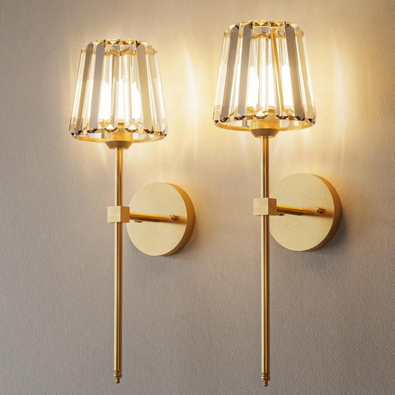 2 Pack Wall Sconces,Long Crystal Wall Lights,Wall Lamps with Fabric for Bedroom Living Room Hallway Wall Decor