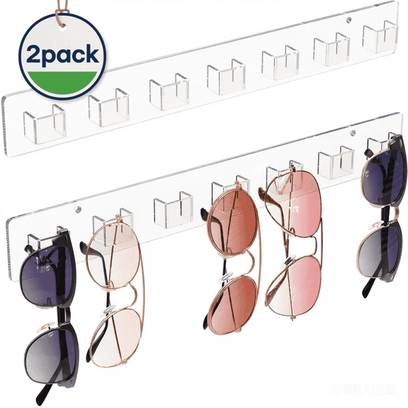 2 Pack Wall Sunglasses Organizer, Acrylic Eyeglass Display Rack, Multi Glasses Storage Holder for Home Office Decor, Clear Practical Gift